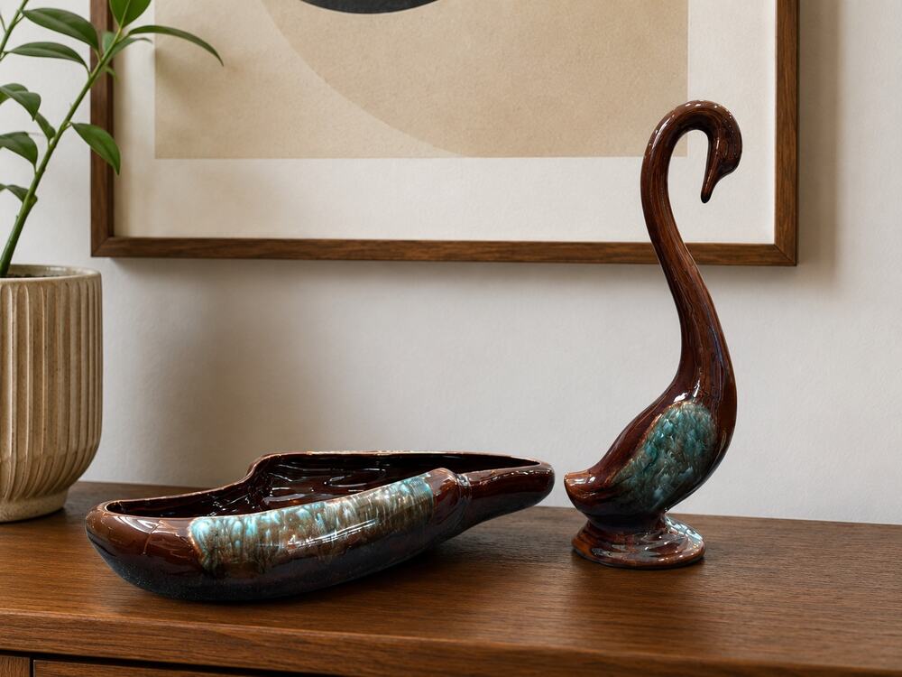 Vintage Japanese MCM Drip Glaze Swan Console Set | Mid Century